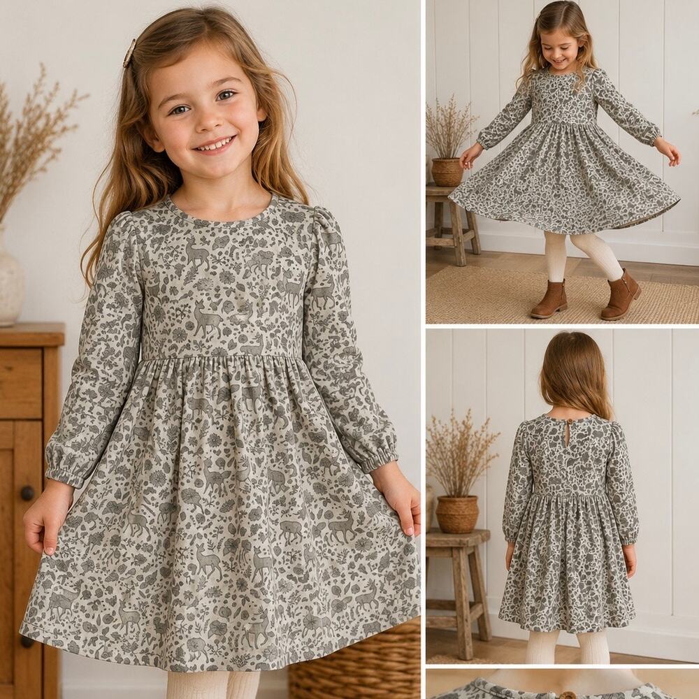 City Mouse Twirl Dress Girls Size 6 Gray Woodland Deer Print Long Sleeve
